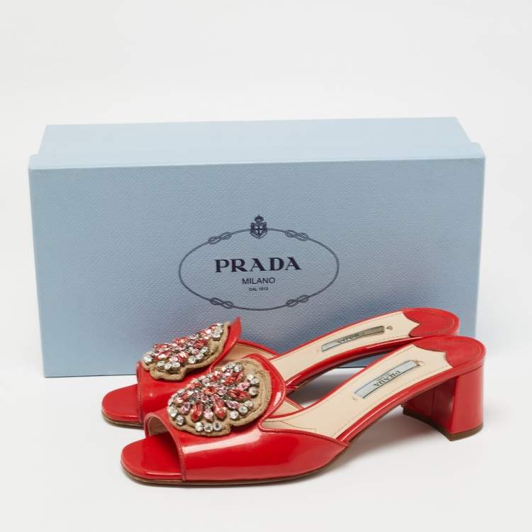 Pre Owned Prada Red Patent Leather Crystal Embellished Slide Sandals Size 38