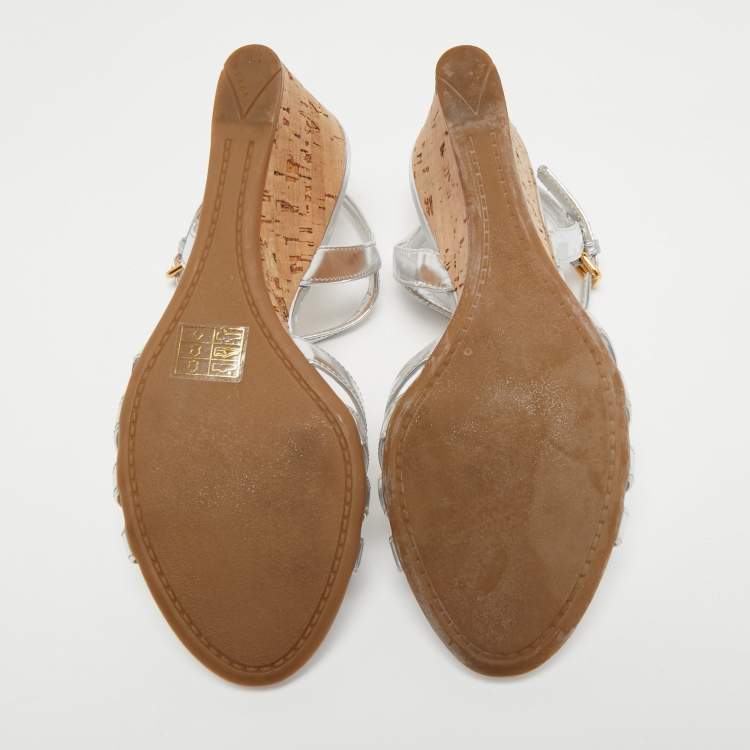 Pre Owned Prada Silver Leather Bow Detail Ankle Strap Sandals Size 39