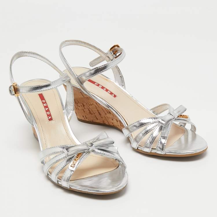 Pre Owned Prada Silver Leather Bow Detail Ankle Strap Sandals Size 39