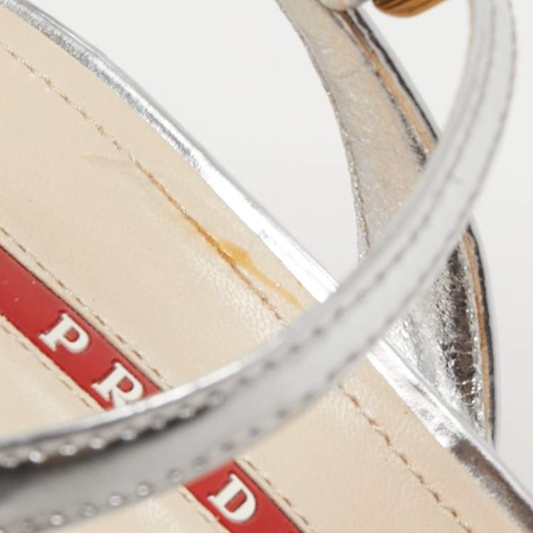 Pre Owned Prada Silver Leather Bow Detail Ankle Strap Sandals Size 39