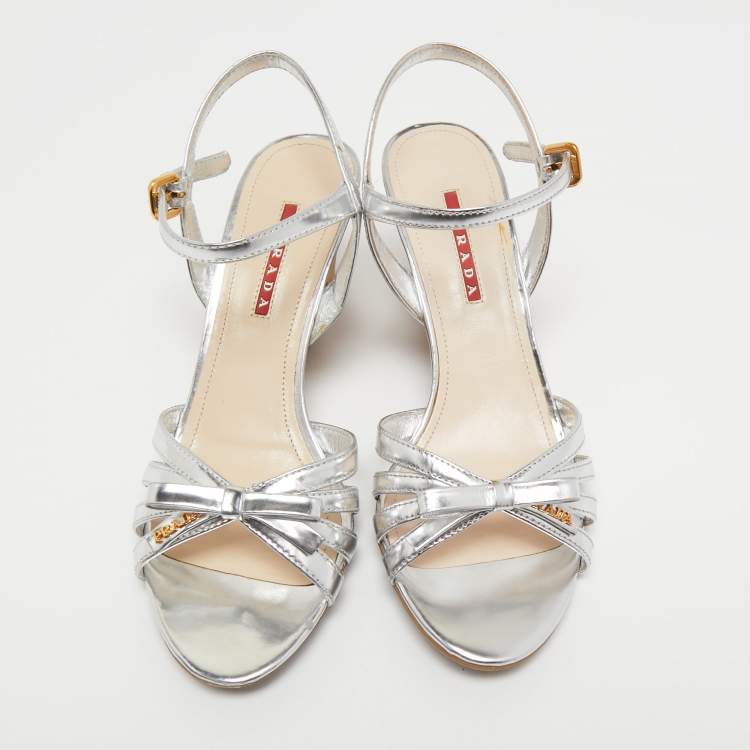 Pre Owned Prada Silver Leather Bow Detail Ankle Strap Sandals Size 39