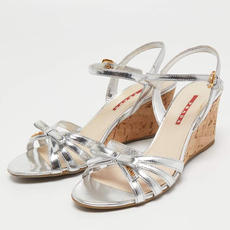 Pre Owned Prada Silver Leather Bow Detail Ankle Strap Sandals Size 39