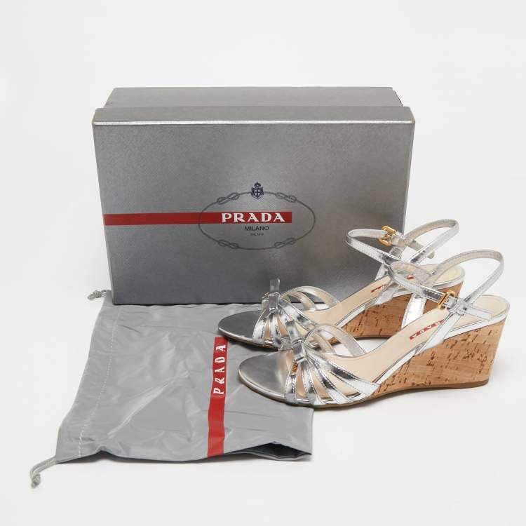 Pre Owned Prada Silver Leather Bow Detail Ankle Strap Sandals Size 39