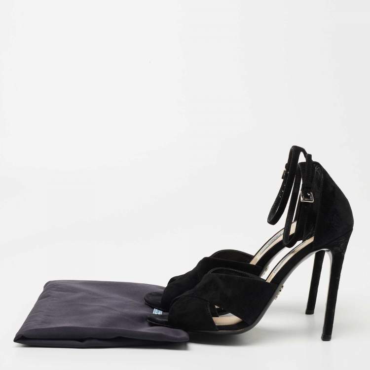 Pre Owned Prada Black Suede  Crisscross Ankle Strap Sandals Size 37.5
