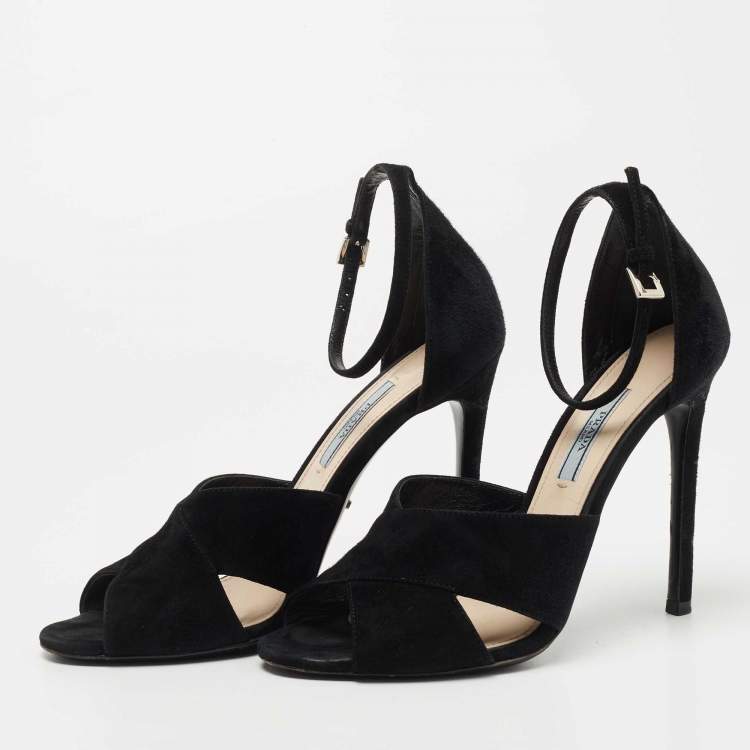 Pre Owned Prada Black Suede  Crisscross Ankle Strap Sandals Size 37.5