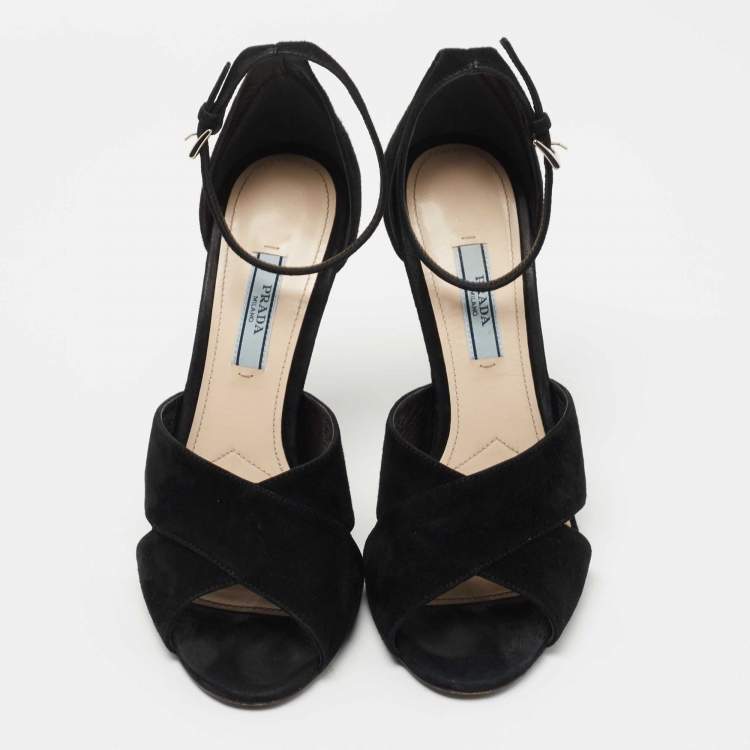 Pre Owned Prada Black Suede  Crisscross Ankle Strap Sandals Size 37.5