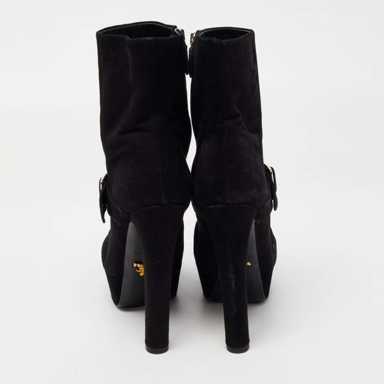 Pre Owned Prada Black Suede Platform Ankle Boots Size 38