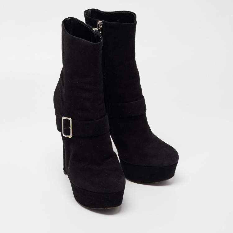 Pre Owned Prada Black Suede Platform Ankle Boots Size 38