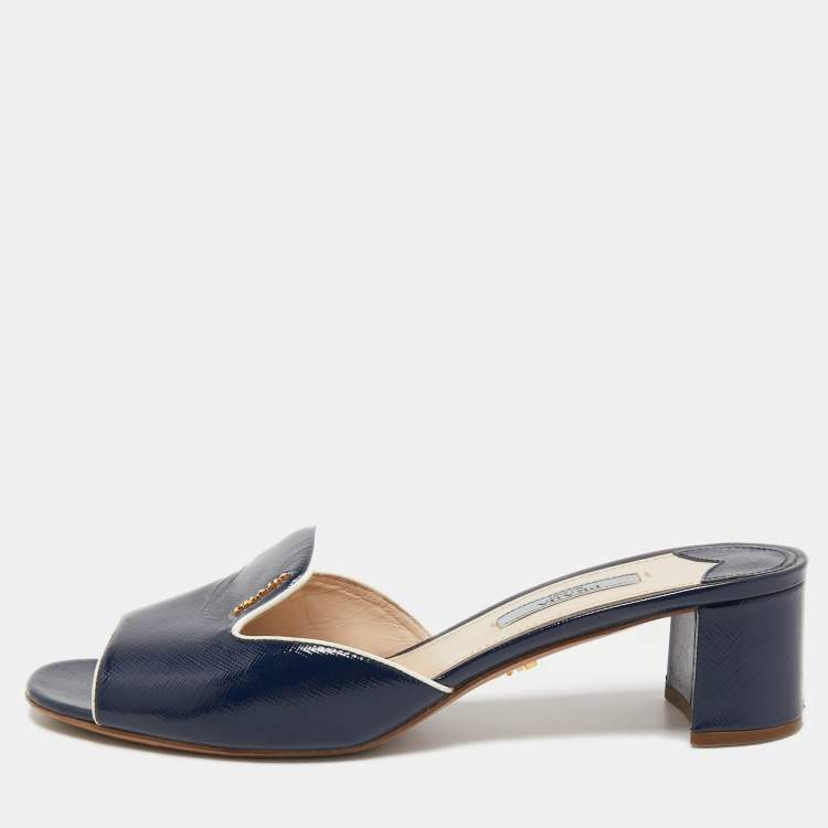 Pre Owned Prada Navy Blue Vernice Saffiano Leather Slide Sandals Size 38.5
