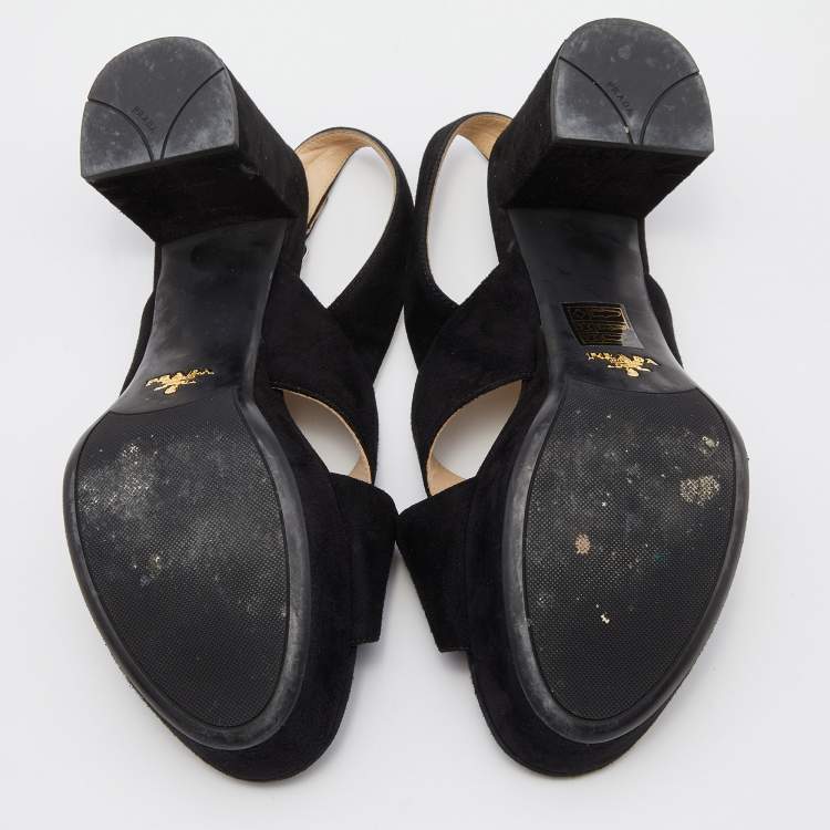 Pre Owned Prada Black Suede Criss Cross Platform Block Heel Slingback Sandals Size 36