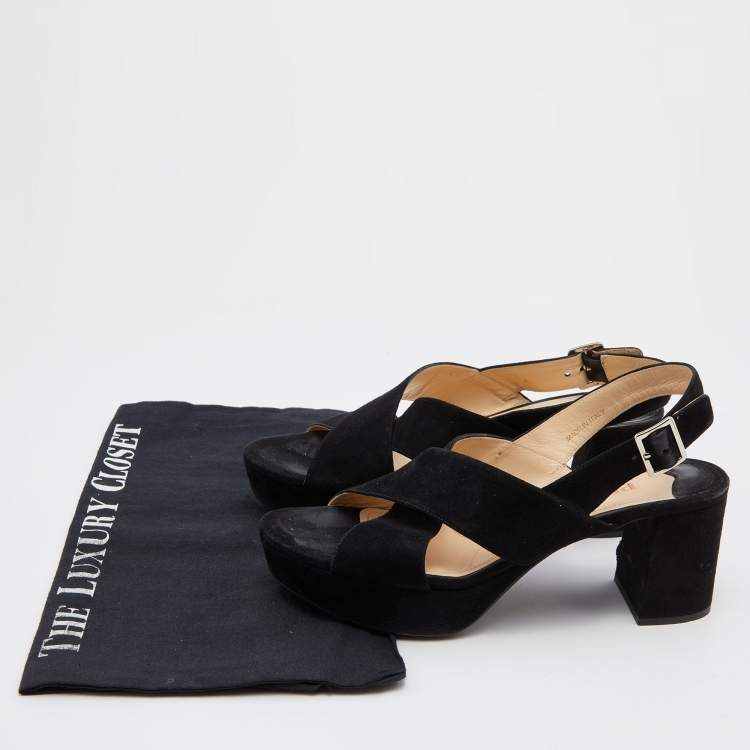 Pre Owned Prada Black Suede Criss Cross Platform Block Heel Slingback Sandals Size 36