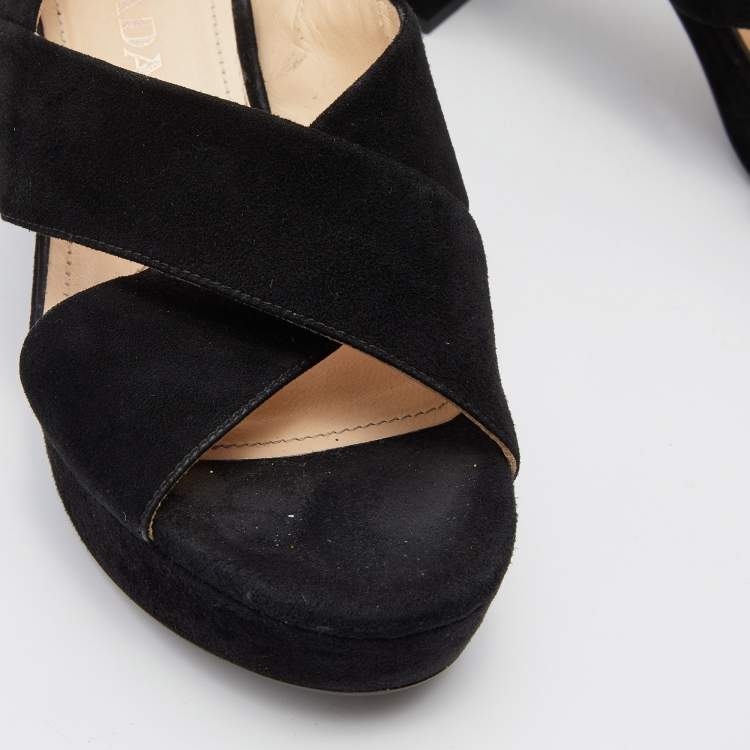 Pre Owned Prada Black Suede Criss Cross Platform Block Heel Slingback Sandals Size 36
