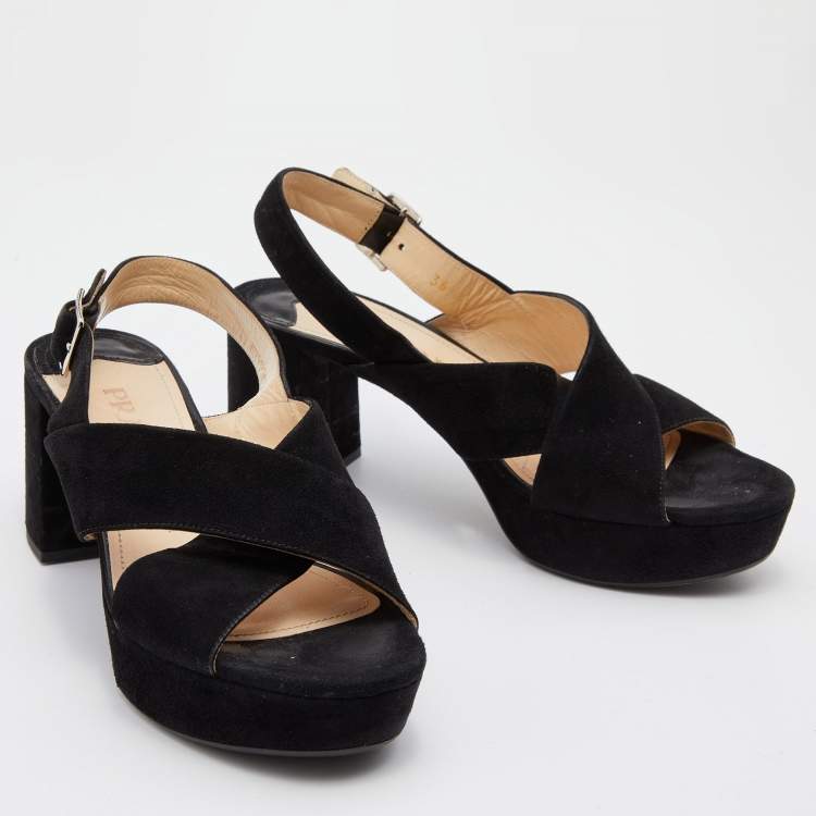 Pre Owned Prada Black Suede Criss Cross Platform Block Heel Slingback Sandals Size 36