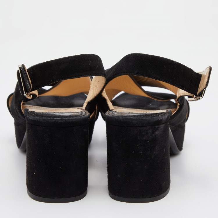 Pre Owned Prada Black Suede Criss Cross Platform Block Heel Slingback Sandals Size 36