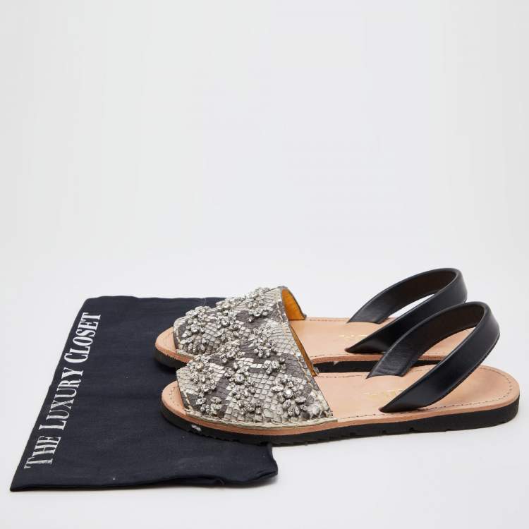 Pre Owned Prada Black/Grey Python Leather Crystal Embellished Slingback Flats Size 38