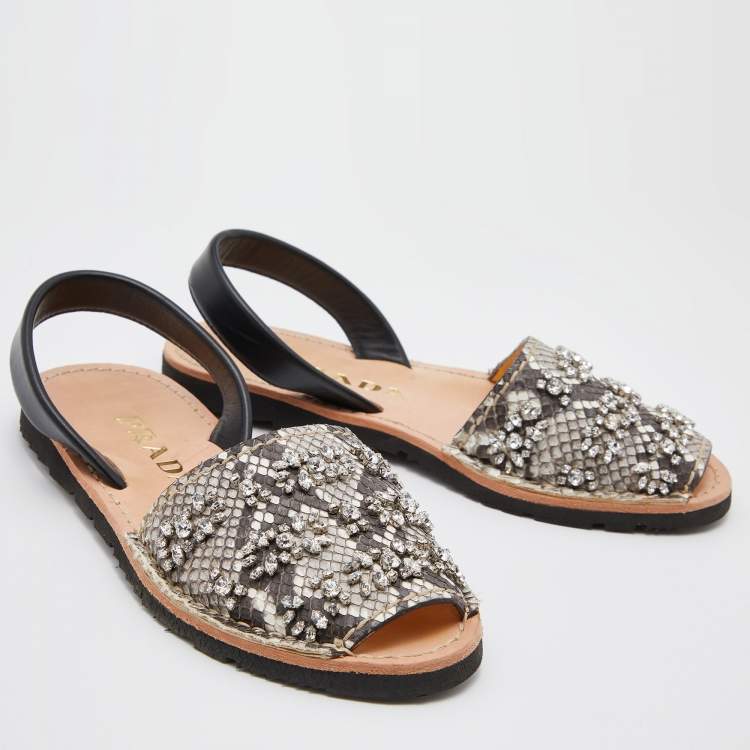Pre Owned Prada Black/Grey Python Leather Crystal Embellished Slingback Flats Size 38