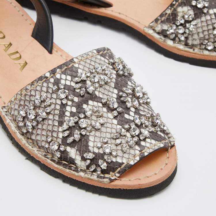 Pre Owned Prada Black/Grey Python Leather Crystal Embellished Slingback Flats Size 38