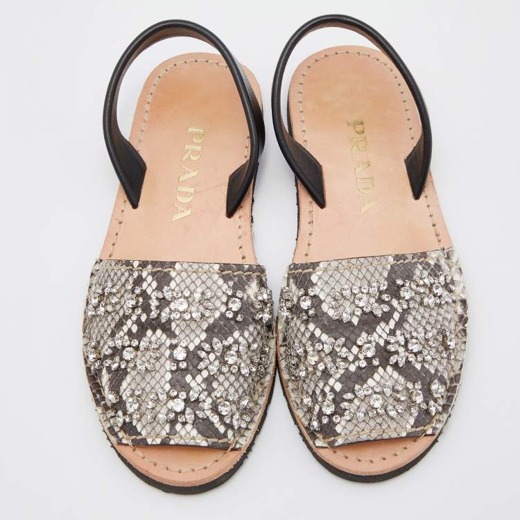 Pre Owned Prada Black/Grey Python Leather Crystal Embellished Slingback Flats Size 38