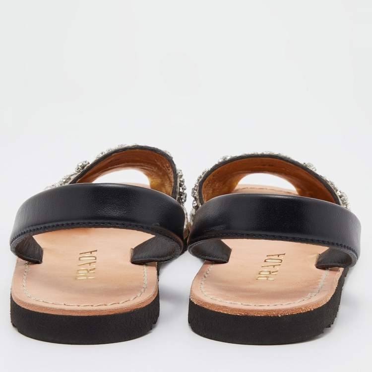 Pre Owned Prada Black/Grey Python Leather Crystal Embellished Slingback Flats Size 38