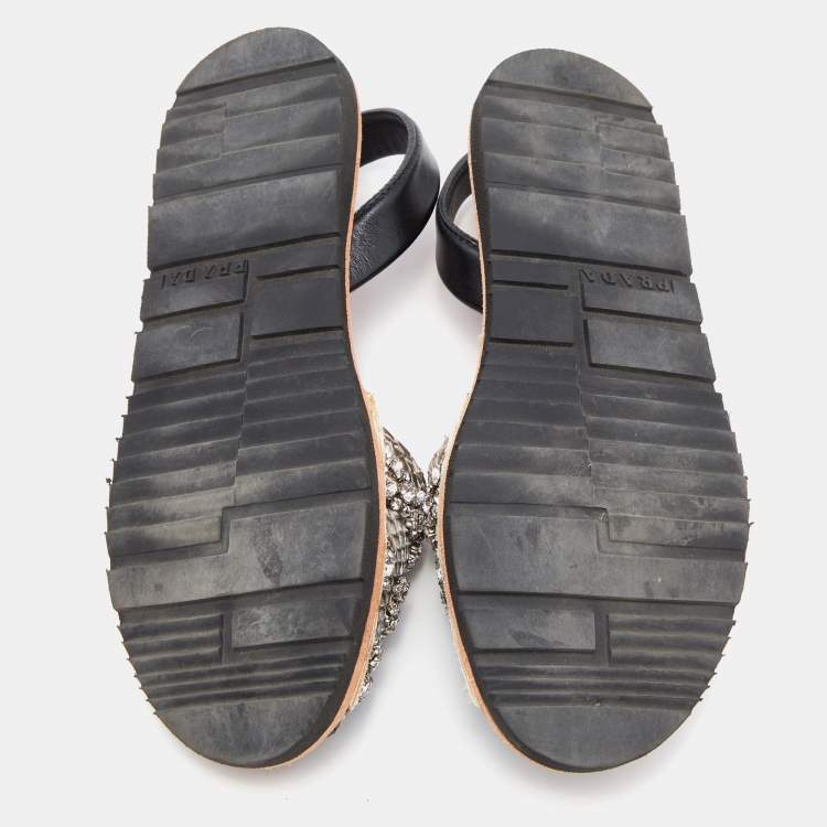 Pre Owned Prada Black/Grey Python Leather Crystal Embellished Slingback Flats Size 38