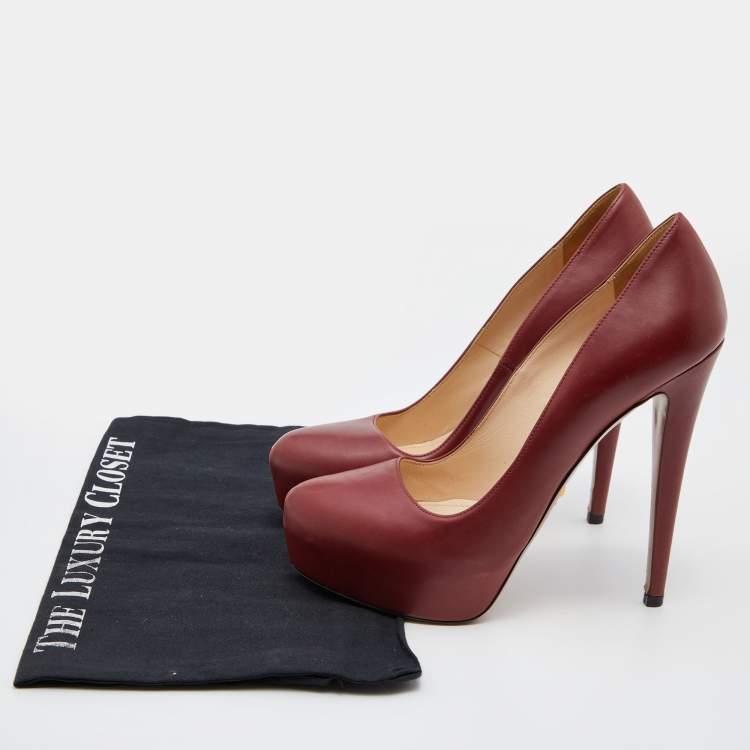 Pre Owned Prada Dark Red Leather Platform Pumps Size 37.5