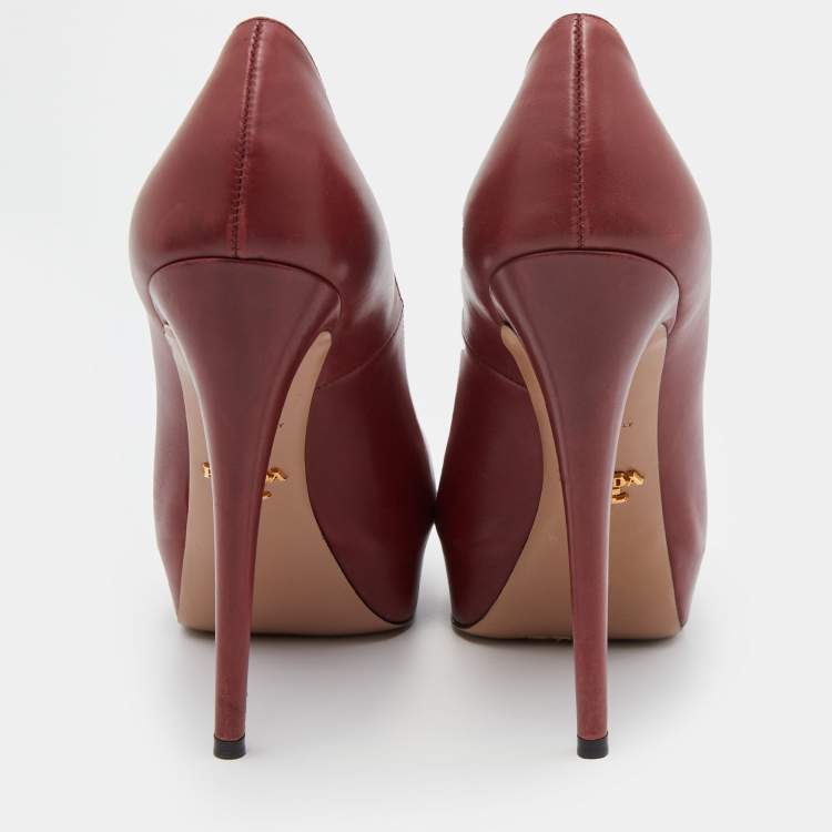 Pre Owned Prada Dark Red Leather Platform Pumps Size 37.5