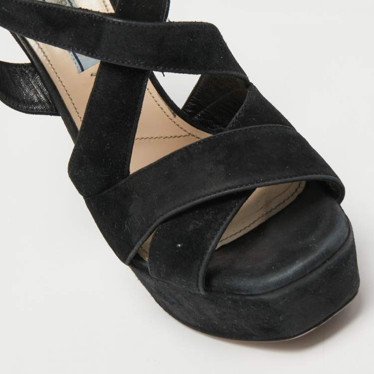 Pre Owned Prada Black Suede Crisscross Platform Ankle Strap Sandals Size 37