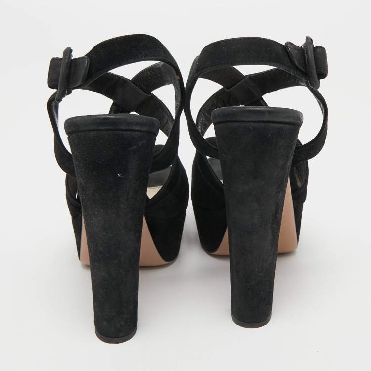 Pre Owned Prada Black Suede Crisscross Platform Ankle Strap Sandals Size 37