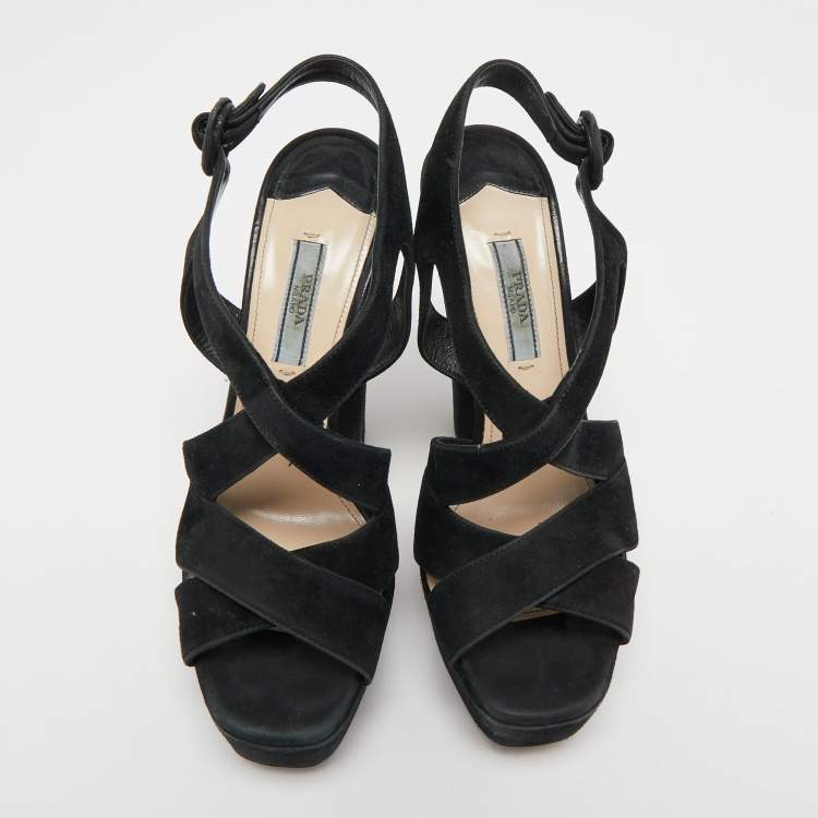 Pre Owned Prada Black Suede Crisscross Platform Ankle Strap Sandals Size 37