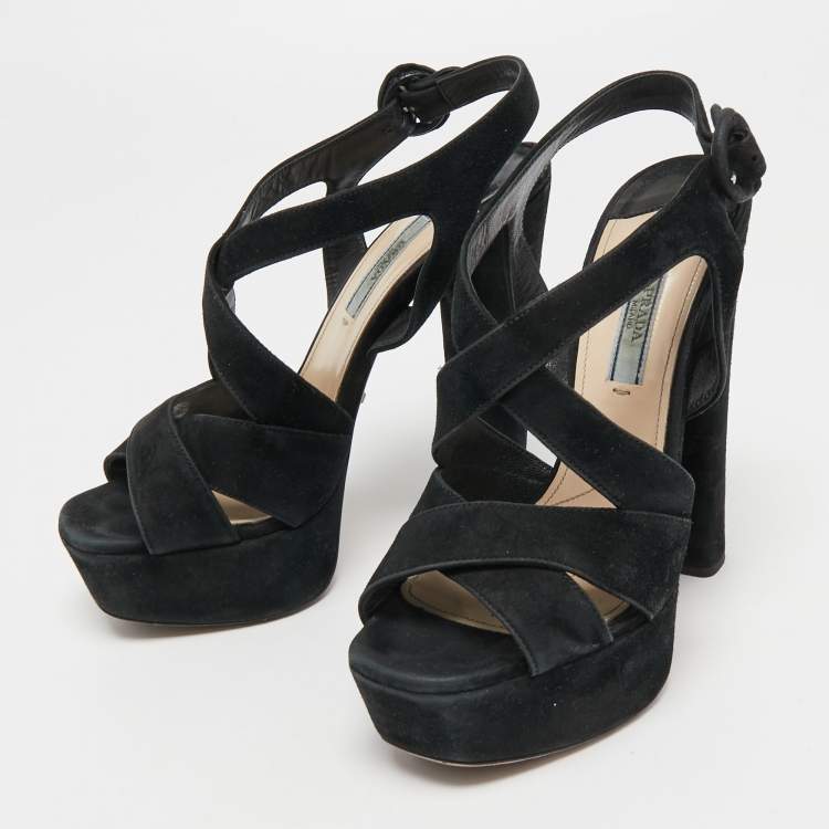 Pre Owned Prada Black Suede Crisscross Platform Ankle Strap Sandals Size 37
