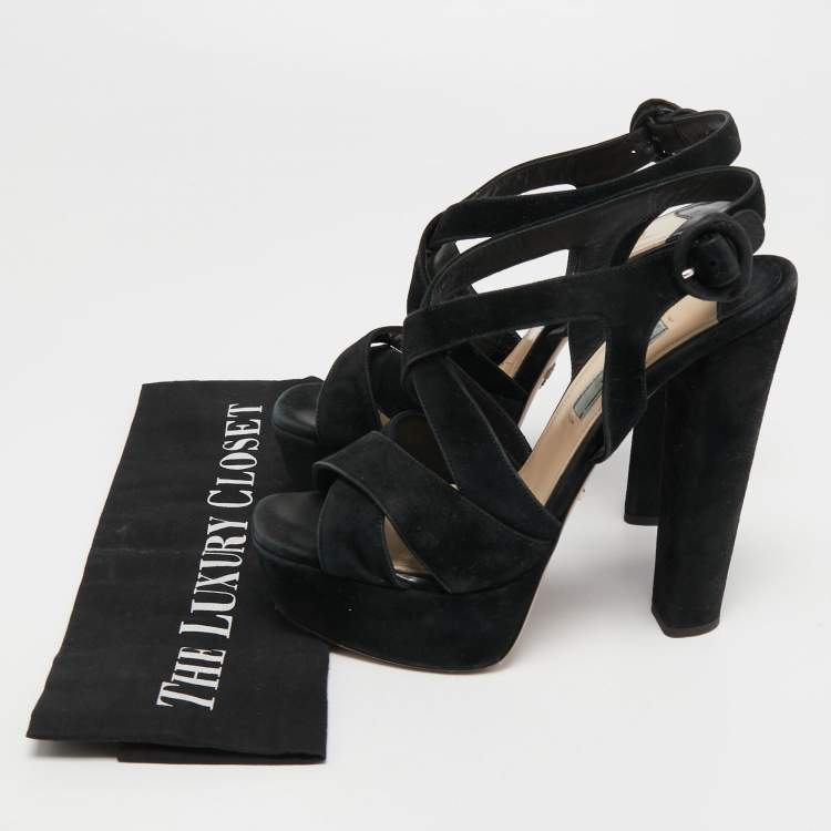 Pre Owned Prada Black Suede Crisscross Platform Ankle Strap Sandals Size 37