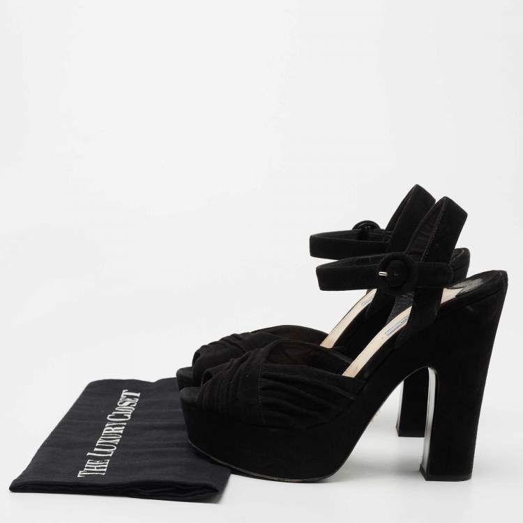 Pre Owned Prada Black Suede Peep Toe Platform Ankle Strap Sandals Size 40