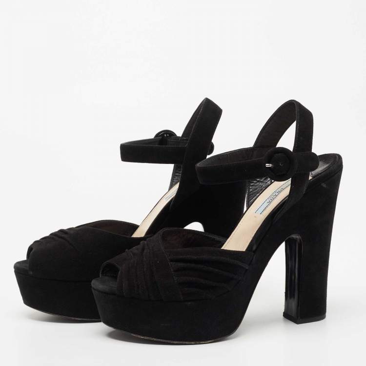 Pre Owned Prada Black Suede Peep Toe Platform Ankle Strap Sandals Size 40