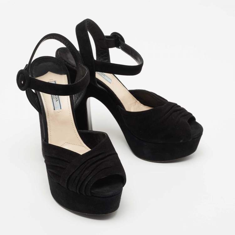 Pre Owned Prada Black Suede Peep Toe Platform Ankle Strap Sandals Size 40