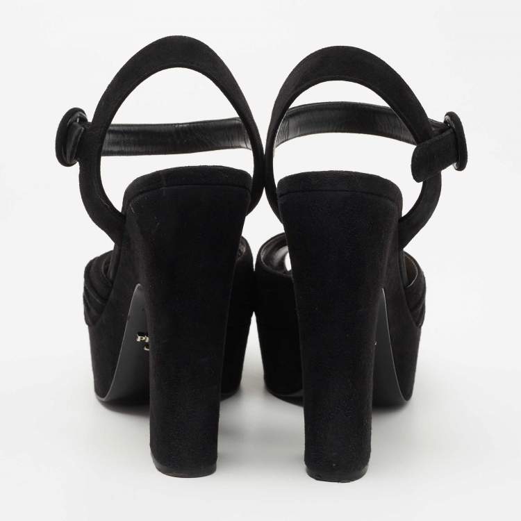 Pre Owned Prada Black Suede Peep Toe Platform Ankle Strap Sandals Size 40
