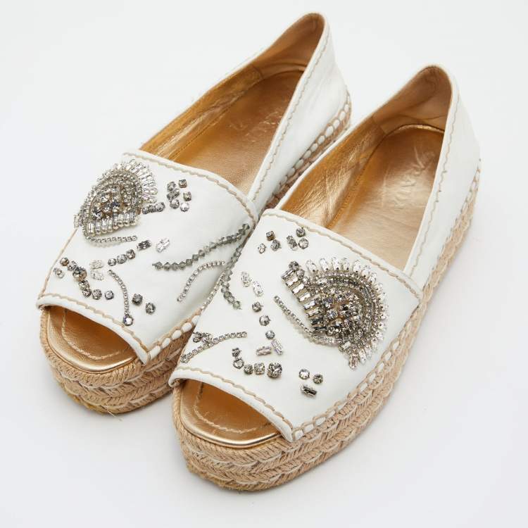 Pre Owned Prada White Leather Crystal Embellished Open Toe Platform Espadrille Flats Size 38