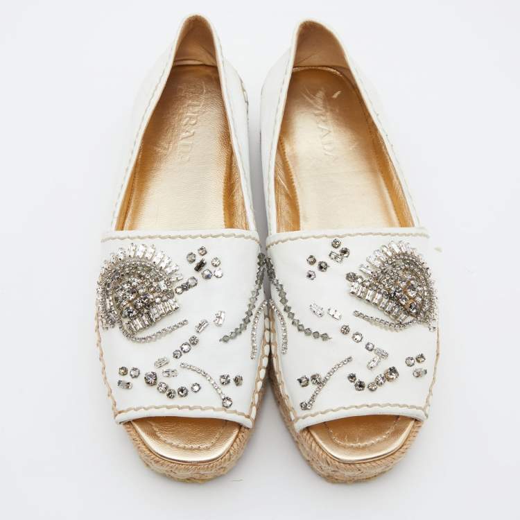 Pre Owned Prada White Leather Crystal Embellished Open Toe Platform Espadrille Flats Size 38