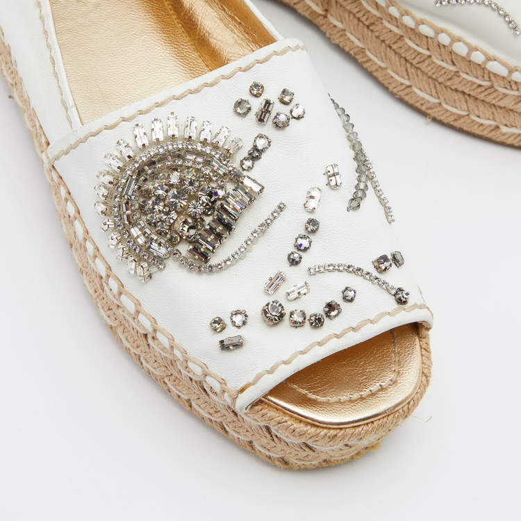 Pre Owned Prada White Leather Crystal Embellished Open Toe Platform Espadrille Flats Size 38
