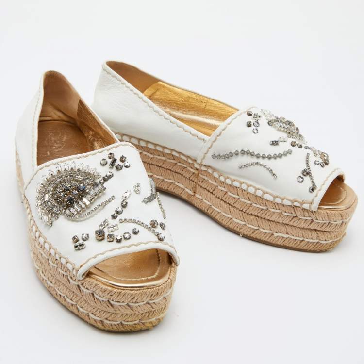 Pre Owned Prada White Leather Crystal Embellished Open Toe Platform Espadrille Flats Size 38