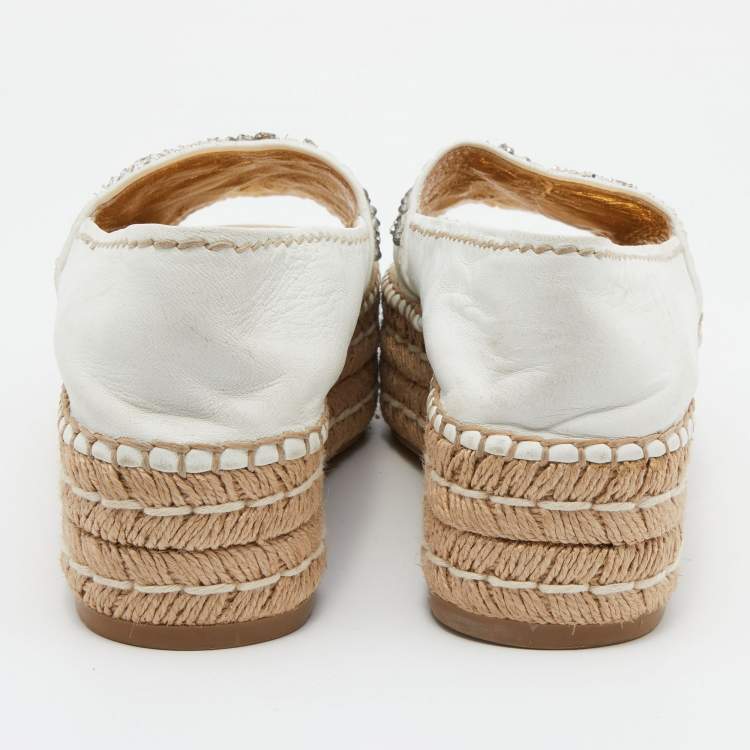 Pre Owned Prada White Leather Crystal Embellished Open Toe Platform Espadrille Flats Size 38