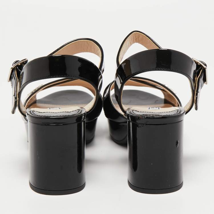 Pre Owned Prada Black Patent Leather Platform Ankle Strap Sandals Size 38.5