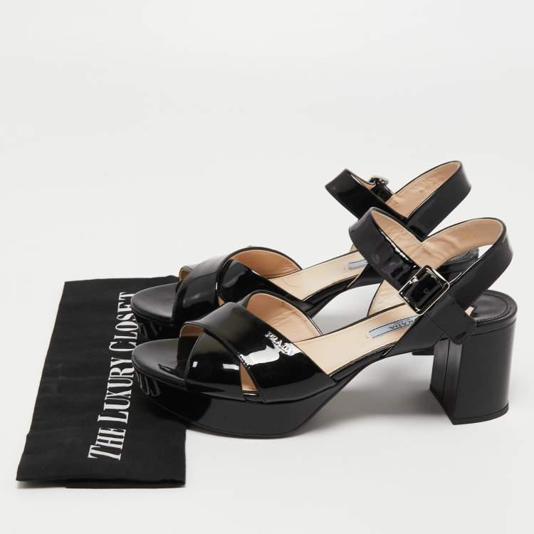 Pre Owned Prada Black Patent Leather Platform Ankle Strap Sandals Size 38.5