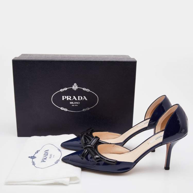 Pre Owned Prada Navy Blue/Black Patent Leather Bow Pointed Toe D'orsay Pumps Size 38.5