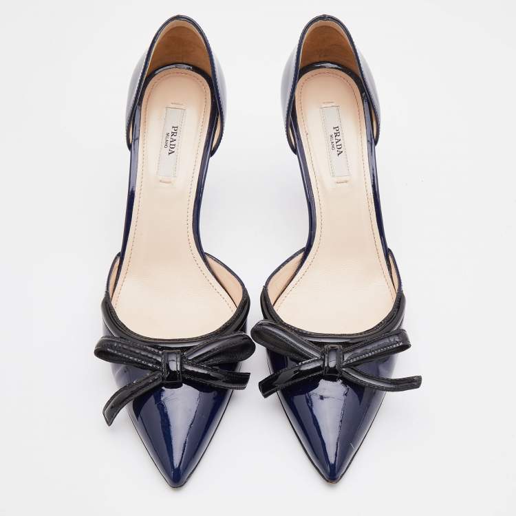 Pre Owned Prada Navy Blue/Black Patent Leather Bow Pointed Toe D'orsay Pumps Size 38.5