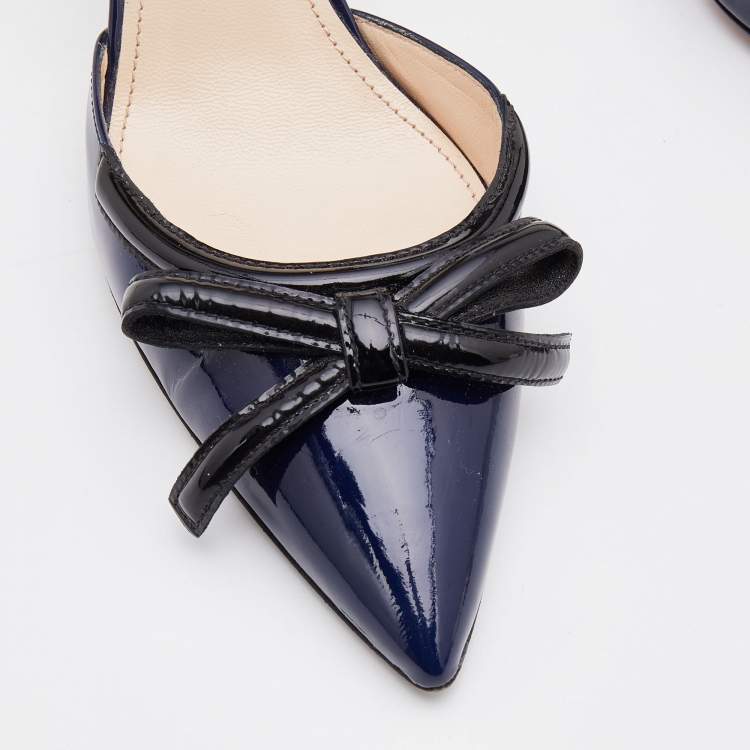 Pre Owned Prada Navy Blue/Black Patent Leather Bow Pointed Toe D'orsay Pumps Size 38.5