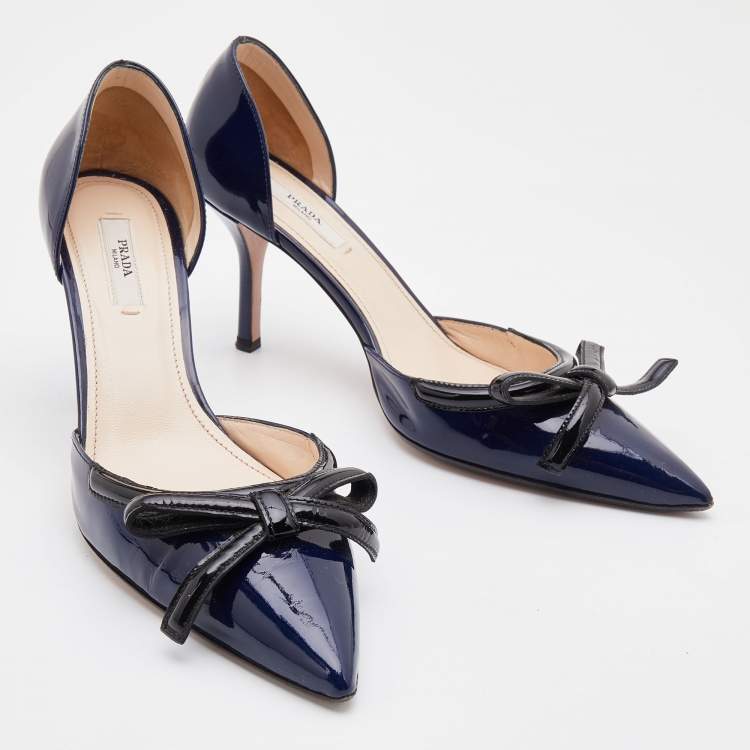 Pre Owned Prada Navy Blue/Black Patent Leather Bow Pointed Toe D'orsay Pumps Size 38.5