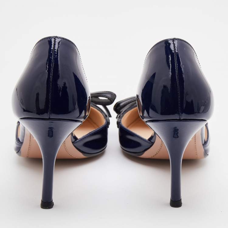 Pre Owned Prada Navy Blue/Black Patent Leather Bow Pointed Toe D'orsay Pumps Size 38.5