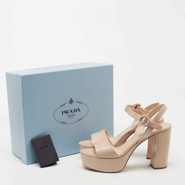 Pre Owned Prada Beige Patent Leather Block Heel Platform Ankle Strap Sandals Size 40