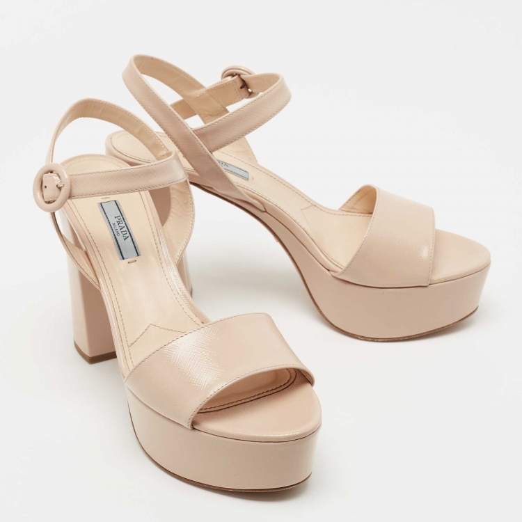 Pre Owned Prada Beige Patent Leather Block Heel Platform Ankle Strap Sandals Size 40