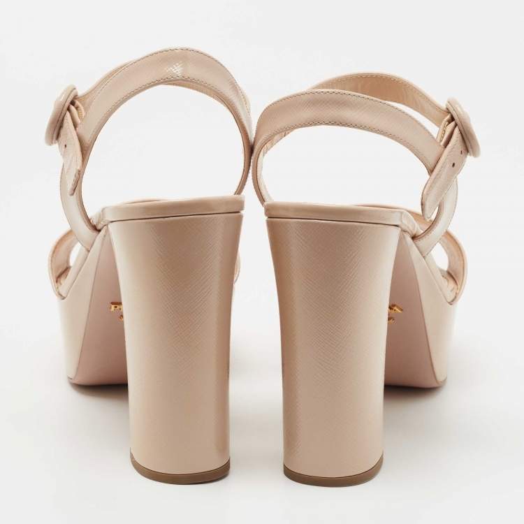 Pre Owned Prada Beige Patent Leather Block Heel Platform Ankle Strap Sandals Size 40